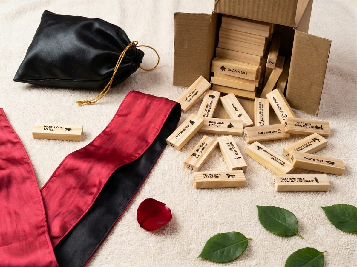 Couples Interactive Wooden Block Game & Romantic Gift Set with Satin Ribbon and Storage Pouch